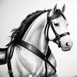 a black and white photo of a horse with a bridle