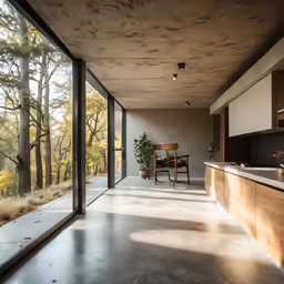 a large window with a chair in the foreground and a sink in the background
