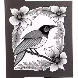 a card with a black and white bird in flowers,a black and white image of a bird on a tree branch