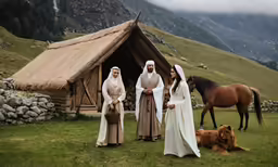 an image of people that are in front of a cabin