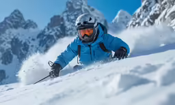 a person skiing down the side of a snow covered mountain