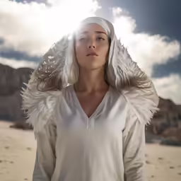 a woman with a white outfit on a desert area