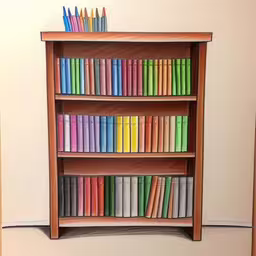 a painted book shelf with different colored books on top,an empty book shelf with many colors in it,a drawing of a book shelf with a lot of books,a shelf filled with colored books next to a small cat,a bookcase with many books on it in a room