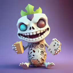 a skeleton figure wearing a crown holding a brick