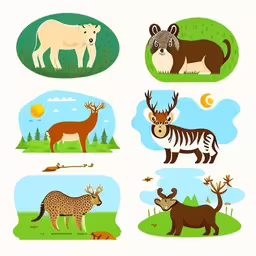 a set of four animals with their name in them,illustrated animals in different flat design styles