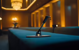 there is a microphone sitting on top of the blue bar