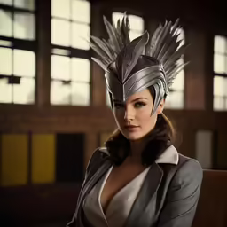 the woman is wearing a silver feathered headpiece