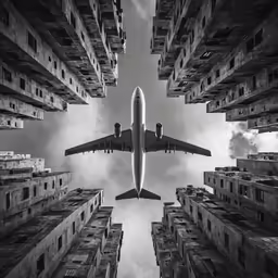 an airplane flying through a cloudy sky and buildings