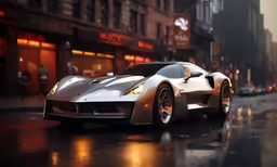 a shiny sports car in the rain near buildings