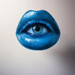 a blue lipstick with water drops on it and an evil eye