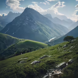 green hillside with trees in the foreground and mountains in background