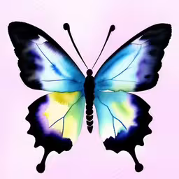 a painting of a butterfly on a pink background,a painting of a butterfly painted in different colors,the colorful butterfly has multiple wings,a blue and white butterfly with yellow, purple, and green wings,a butterfly with blue wings and a yellow center