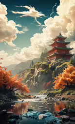 an artistic painting of a castle and mountains and water