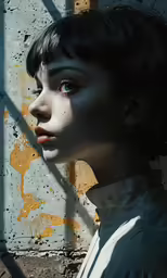 a woman with her eyes closed near a wall