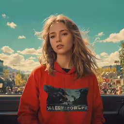 a woman wearing a red hoodie stands in front of a large crowd