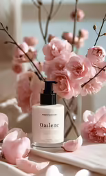 pink flowers and a bottle of water on the table