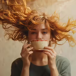 the woman is drinking from a coffee cup