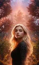 a drawing of a beautiful blond woman standing in a forest