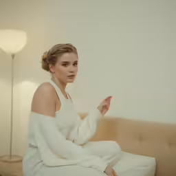 a girl wearing a dress and sitting on a bed