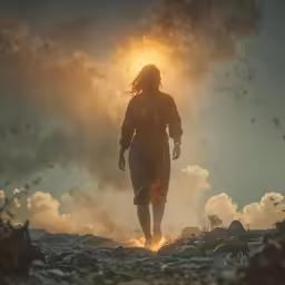 a man walking towards the light of some sort