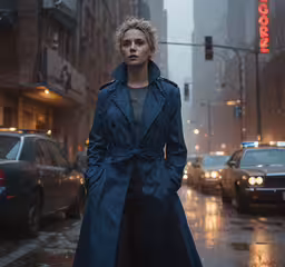 a woman is standing on the street in a rain storm,a young woman is dressed in an elegant trench coat and shoes in a rainy city