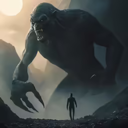 a man walking towards an enormous monster in the night