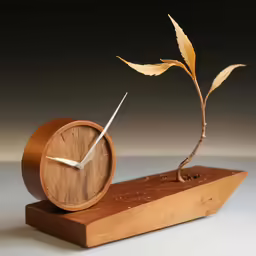 a clock with leaves sitting on top of it