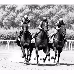 three jockeys racing horses on a track