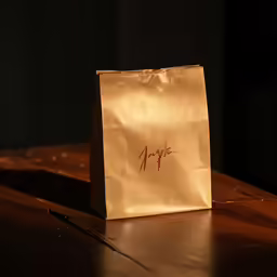 a white paper bag that has writing on it