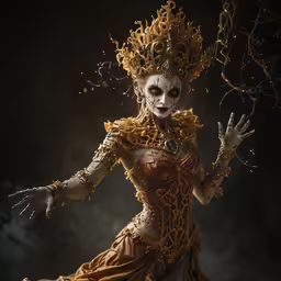 a woman dressed as a mask and holding a long chain
