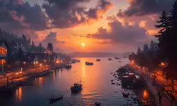 a river filled with boats under a sunset