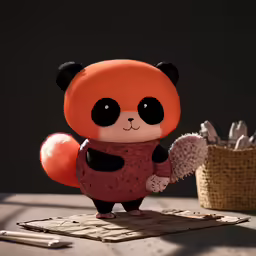 an orange and black bear holding onto a cup