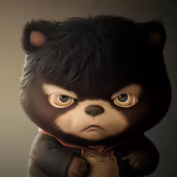 an animated teddy bear with large, brown ears and a hood on