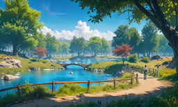 a painting of people looking at a lake