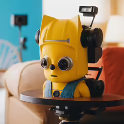 a yellow figurine with headphones and a camera on top of a table