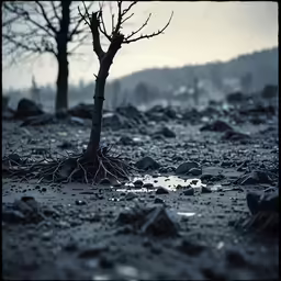 a tree is surrounded by rubble on the ground