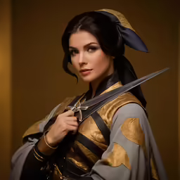 a woman in ancient greek costume holding a sword