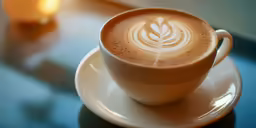 a white cup with a latte design on the inside