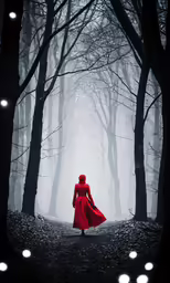 a girl wearing a red dress in the middle of a forest