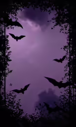 a purple sky full of bats