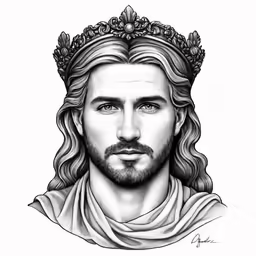 a black and white drawing of a man with long hair wearing a crown
