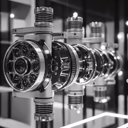 a group of three large machines on top of a glass shelf