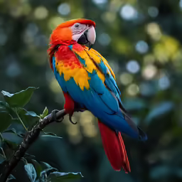 the parrot sits on a branch while looking around