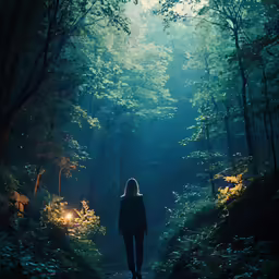 a person standing alone on a path surrounded by trees