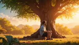 a man sitting under a tree on the ground,a young man sitting by a big tree, staring away