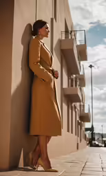 a woman leaning against the side of a building