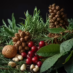 a bunch of pineconuts and berries with leaves on the ground