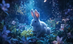 a white rabbit sitting on top of grass and flowers