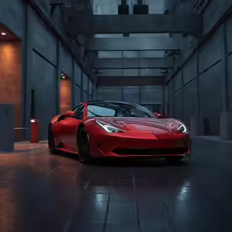 the red sports car is driving through the dark passage