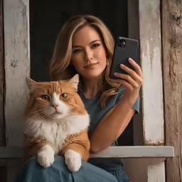the woman is holding her cat and taking a photo